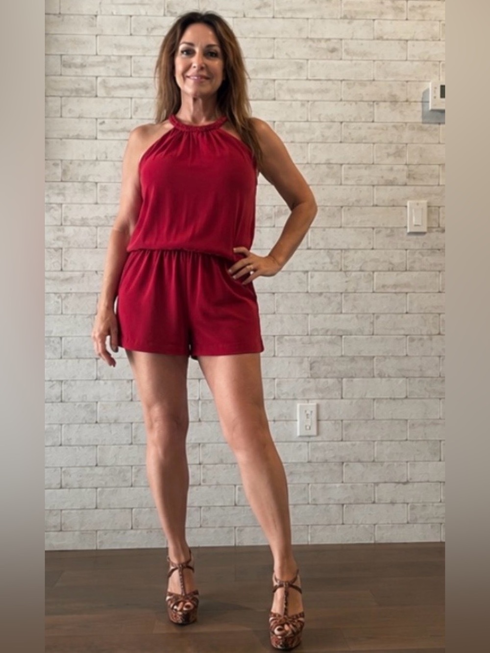 Joie Red Silk Halter Romper Braided Neckline Size Small